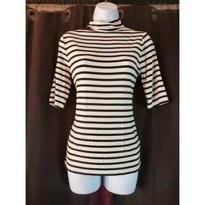 White House Black Market Black and White Stiped Mock Neck Tee M